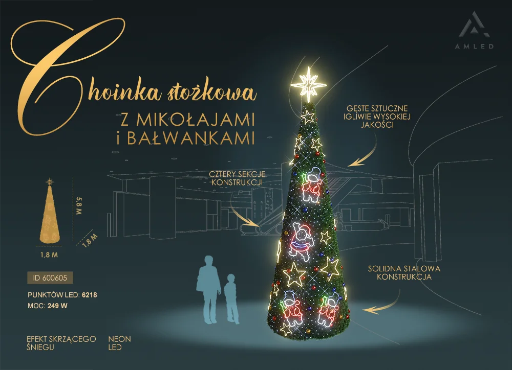 Wysoka na 5,8 metra choinka stożkowa z neonowymi dekoracjami LED przedstawiającymi Mikołaje, bałwanki i gwiazdy, oświetlona 6218 punktami świetlnymi, ustawiona na ciemnym tle z sylwetkami ludzi.