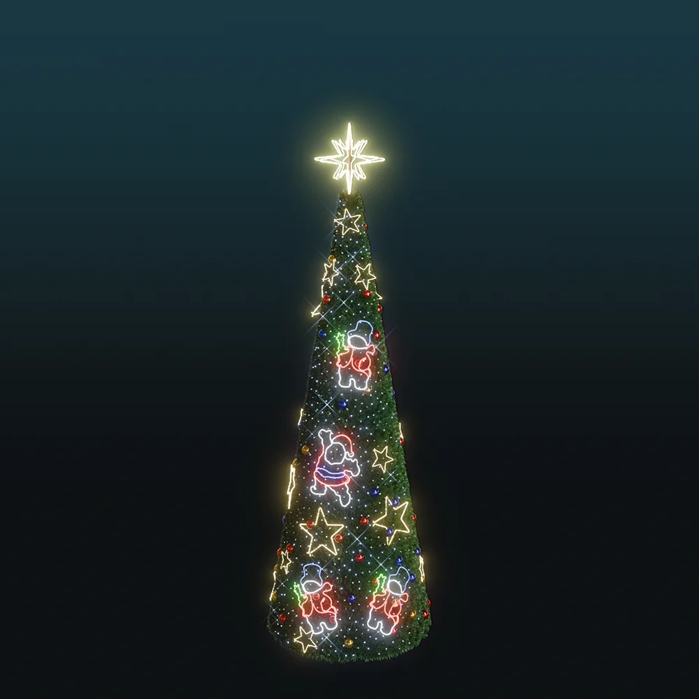 Wysoka choinka stożkowa 5,8 m o konstrukcji z gęstym zielonym igliwiem, udekorowana neonowymi postaciami Mikołajów, bałwanków i gwiazdek LED, zakończona jasną świetlną gwiazdą na szczycie.