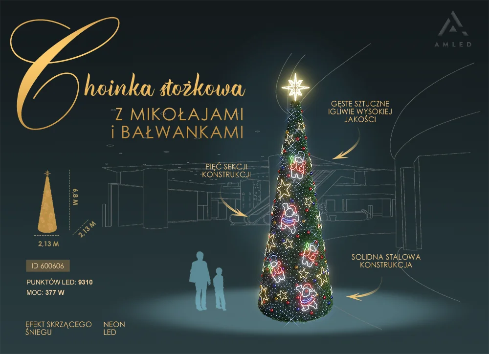 Wysoka na 6,8 metra choinka stożkowa z neonowymi dekoracjami LED przedstawiającymi Mikołaje, bałwanki i gwiazdy, oświetlona 9310 punktami świetlnymi, ustawiona na ciemnym tle z sylwetkami ludzi.