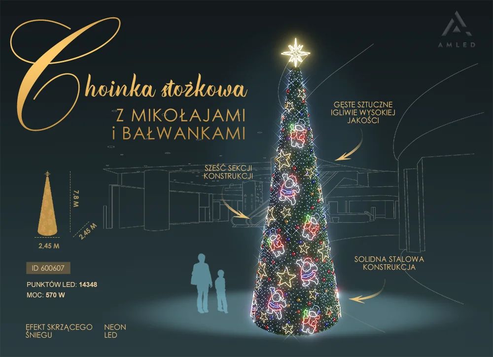 Wysoka na 7,8 metra choinka stożkowa z neonowymi dekoracjami LED przedstawiającymi Mikołaje, bałwanki i gwiazdy, oświetlona 14 348 punktami świetlnymi, ustawiona na ciemnym tle z sylwetkami ludzi.
