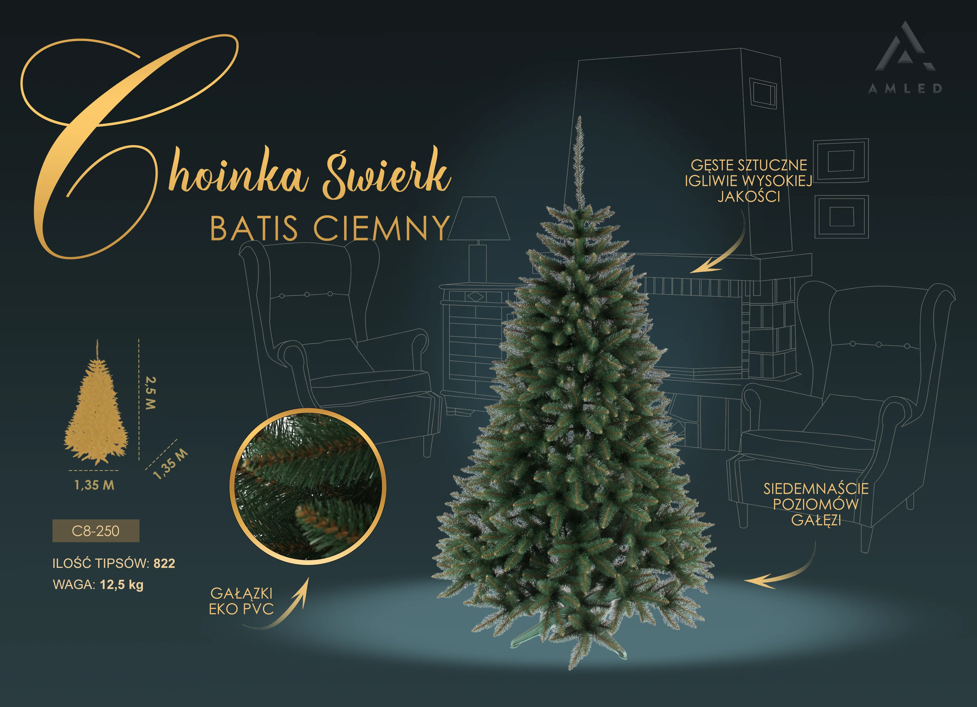 Grafika reklamowa z ciemnym tłem, prezentująca choinkę Świerk Batis Ciemny na tle kominka, z informacją o 17 poziomach gałęzi i 822 tipsach.