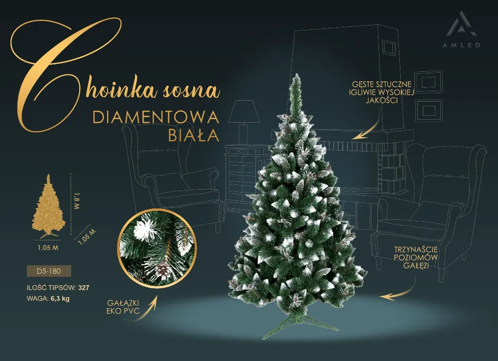 Infografika przedstawiająca sztuczną choinkę „Sosna Diamentowa Biała” z informacjami o wysokości 180 cm, średnicy 105 cm, ilości tipsów 327 oraz podkreśleniem wysokiej jakości igliwia.