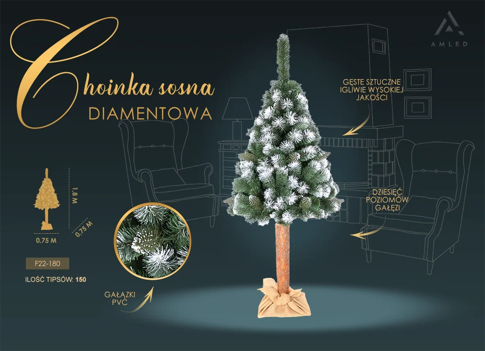 Wizualizacja choinki w aranżacji wnętrza z informacjami: wysokość 1,8 m, dziesięć poziomów gałęzi, gałązki PVC z efektem śnieżenia.