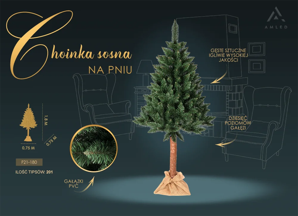 Wizualizacja choinki sosnowej na pniu w aranżacji salonu, z opisanymi cechami: dziesięć poziomów gałęzi, igliwie PVC i wysokość 1,8 m.