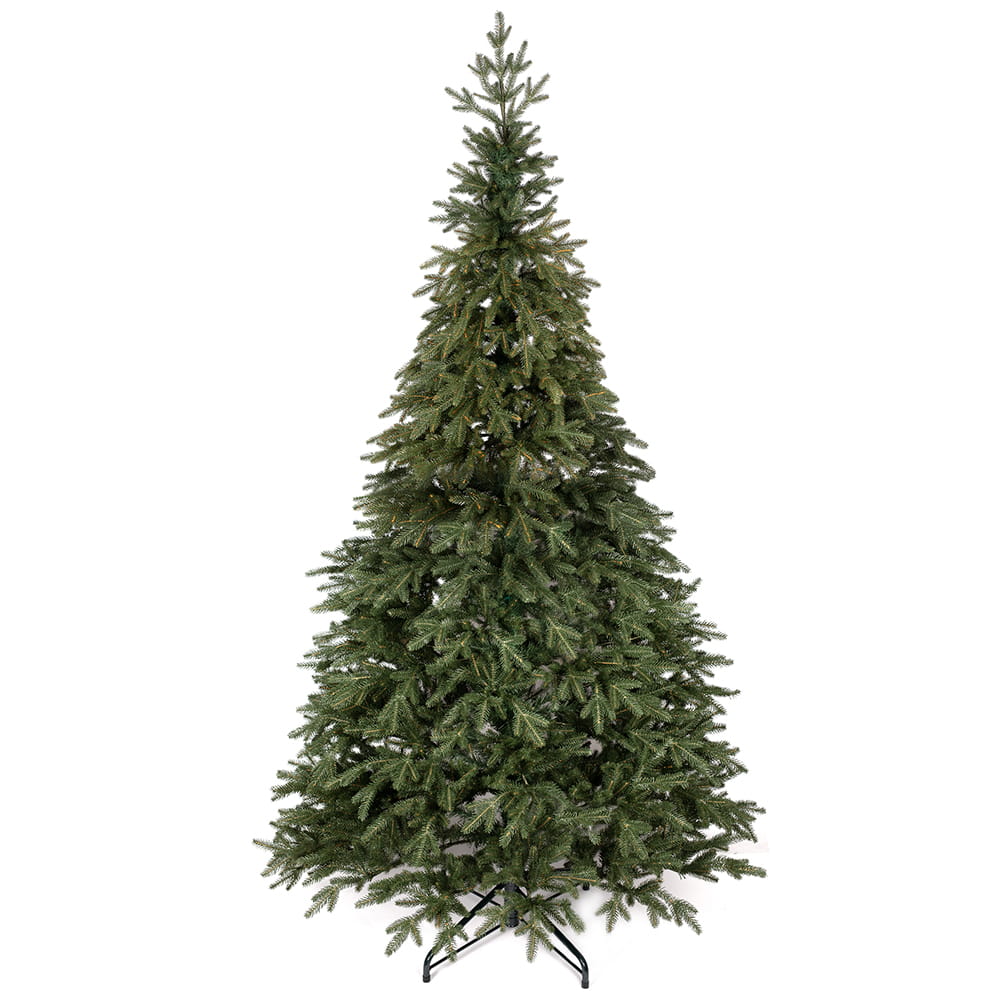 Sztuczna choinka Świerk Ciemny o realistycznym wyglądzie i regularnym pokroju, stojąca na metalowym stojaku.
