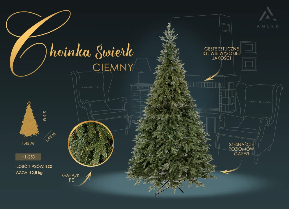 Wizualizacja choinki Świerk Ciemny na tle salonu, z podpisami wskazującymi gęste igliwie, 16 poziomów gałęzi i zastosowanie gałązek PE.