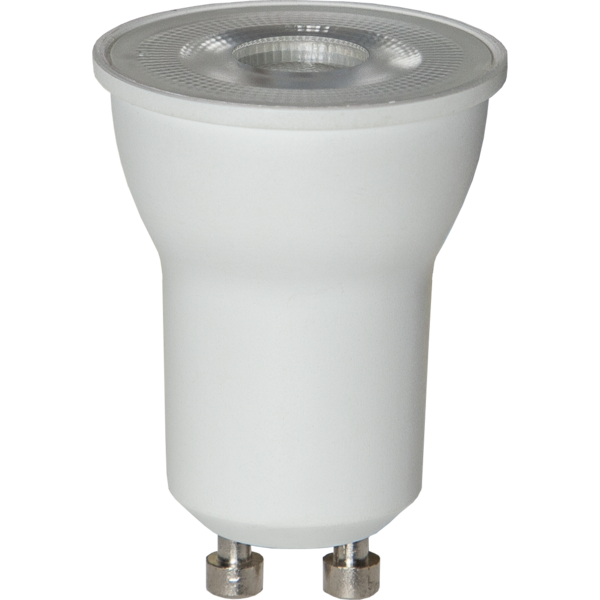 Żarówka LED GU10 z białą obudową i przezroczystą soczewką, trzonek bagnetowy GU10.