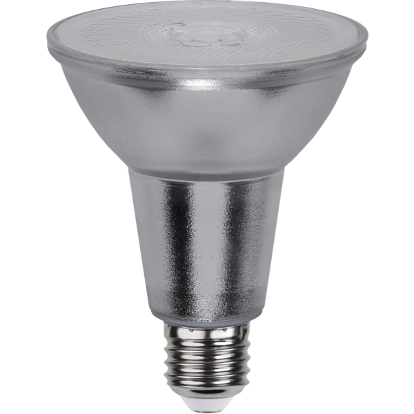 Żarówka LED E27 reflektorowa z gwintem E27 i matową, srebrną powierzchnią.