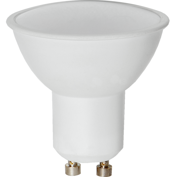 Żarówka LED GU10 z mlecznym, gładkim kloszem i białą obudową, widok z przodu.