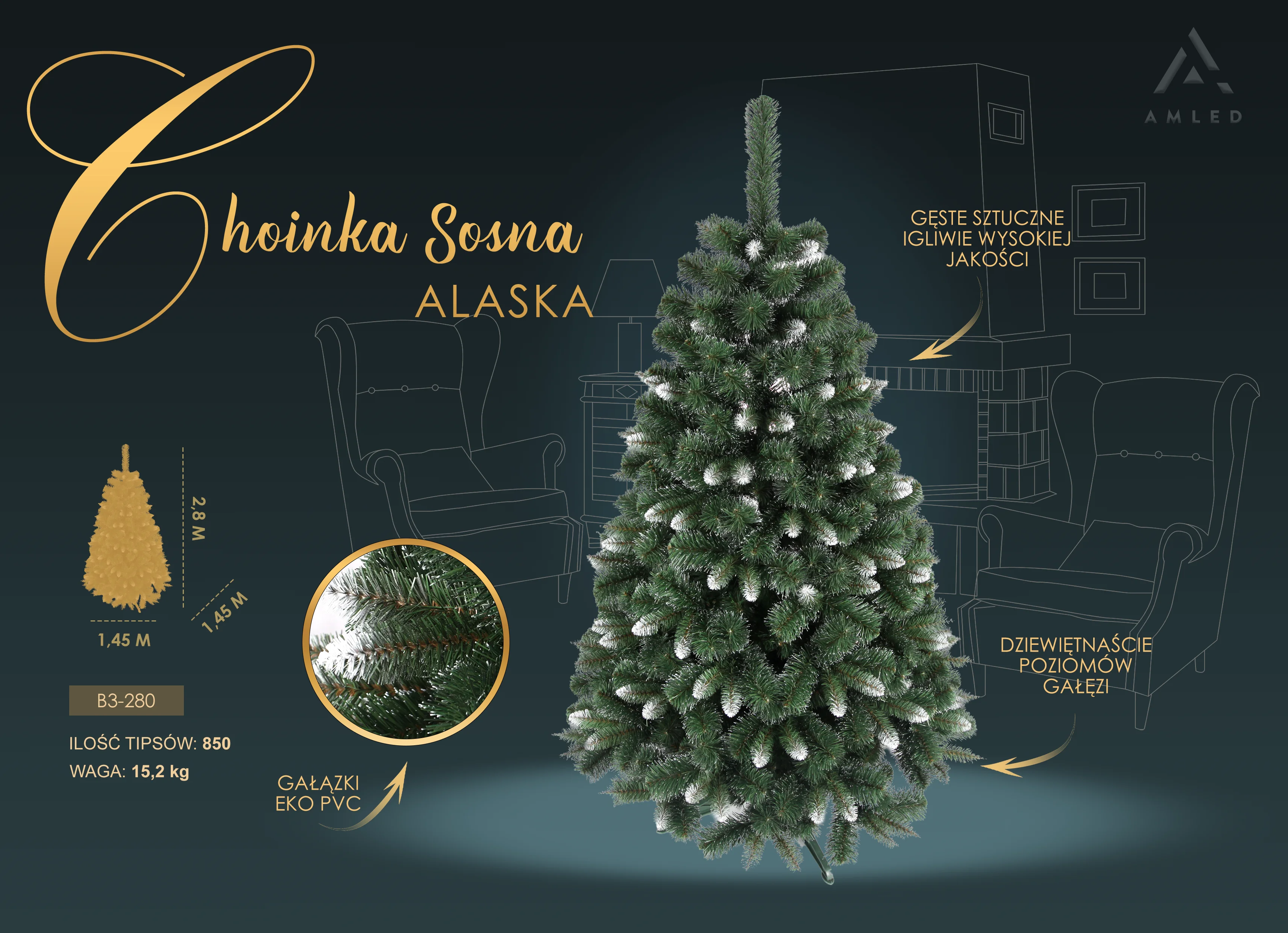 Wizualizacja choinki Alaska z opisem cech, takich jak dziewiętnaście poziomów gałęzi, igliwie EKO PVC i śnieżone końcówki gałązek.