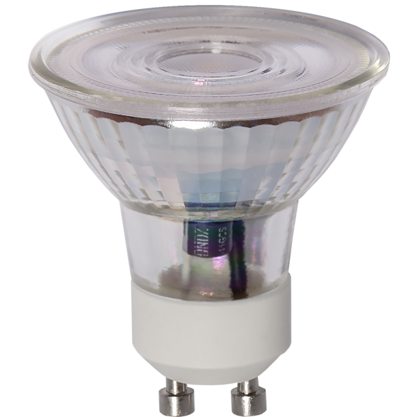 Żarówka LED GU10 z przezroczystym reflektorem i białą podstawą, widok z przodu.