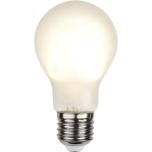 Żarówka LED E27 z mlecznym kloszem, emitująca ciepłe białe światło, ujęcie produktowe na białym tle.