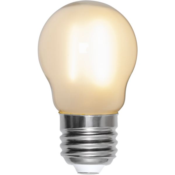 Żarówka LED E27 mini A45 z mlecznym szkłem i metalowym gwintem, klasyczny kształt do oświetlenia domowego.