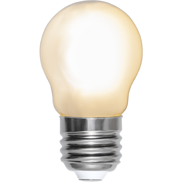 Żarówka LED E27 mini A45 z mlecznym kloszem, ciepła barwa światła, ujęcie produktowe na czarnym tle.