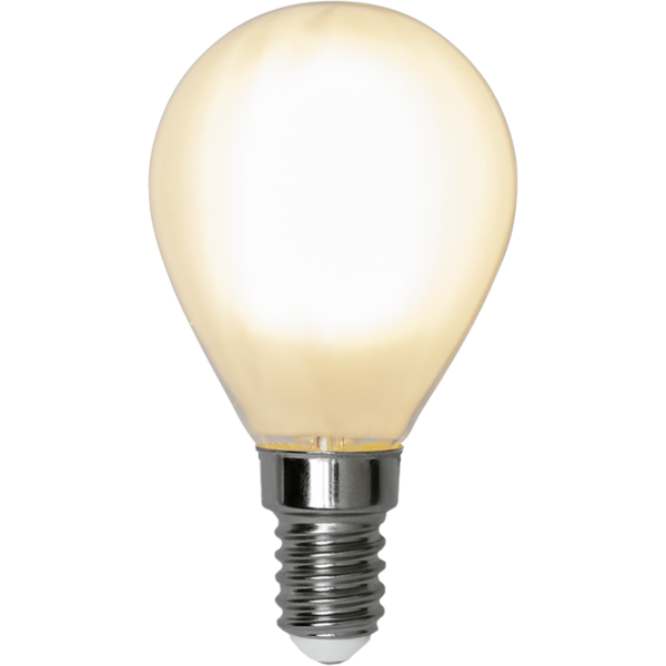 Żarówka LED E14 mini gruszka z mlecznym szkłem i metalowym gwintem, klasyczny model do lampek dekoracyjnych.