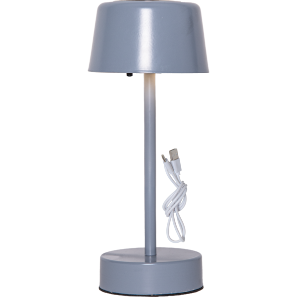 Niebieska lampa stołowa LED solarna z możliwością ładowania przez USB na białym tle z dołączonym przewodem.