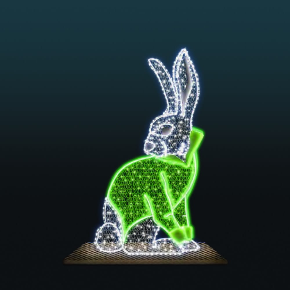 Królik wielkanocny LED 2D siedzący w zielonej kamizelce – dekoracja świetlna przedstawiająca zająca wielkanocnego, iluminacja wielkanocna LED do dekoracji miejskich, parków i galerii handlowych, dekoracja o wysokości około 1,9 m.