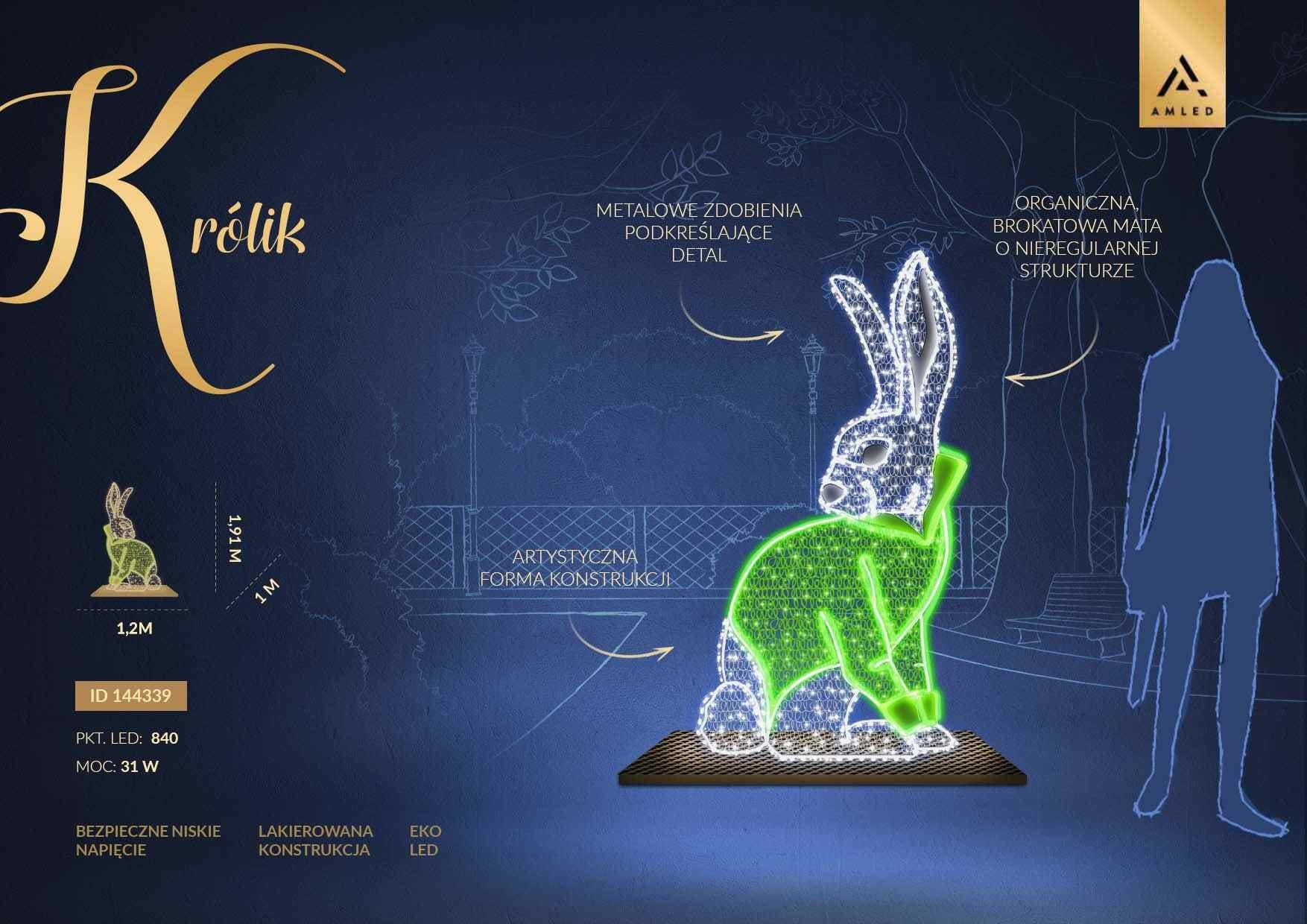 Dekoracja wielkanocna LED królik 2D – iluminacja świetlna zająca wielkanocnego wykonana z kilkuset punktów LED, dekoracja do parków, rynków i przestrzeni miejskich, wysokość 1,91 m, szerokość 1,2 m, model ID 144339.