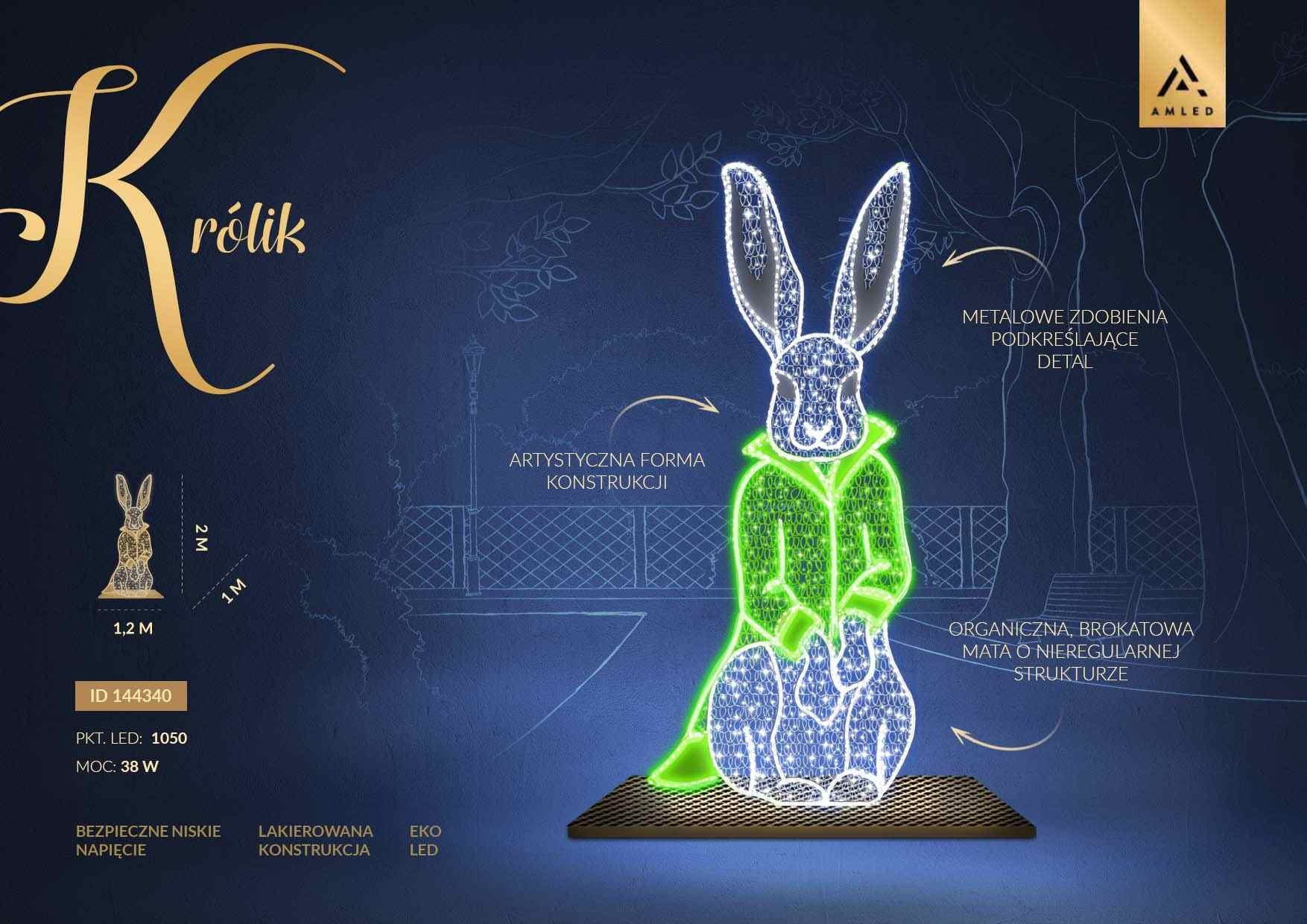Iluminacja wielkanocna LED królik 2D – świetlna dekoracja zająca wielkanocnego w zielonym płaszczu, dekoracja przestrzenna LED do rynków miejskich i parków, wysokość około 2 m, szerokość 1,2 m, model ID 144340.