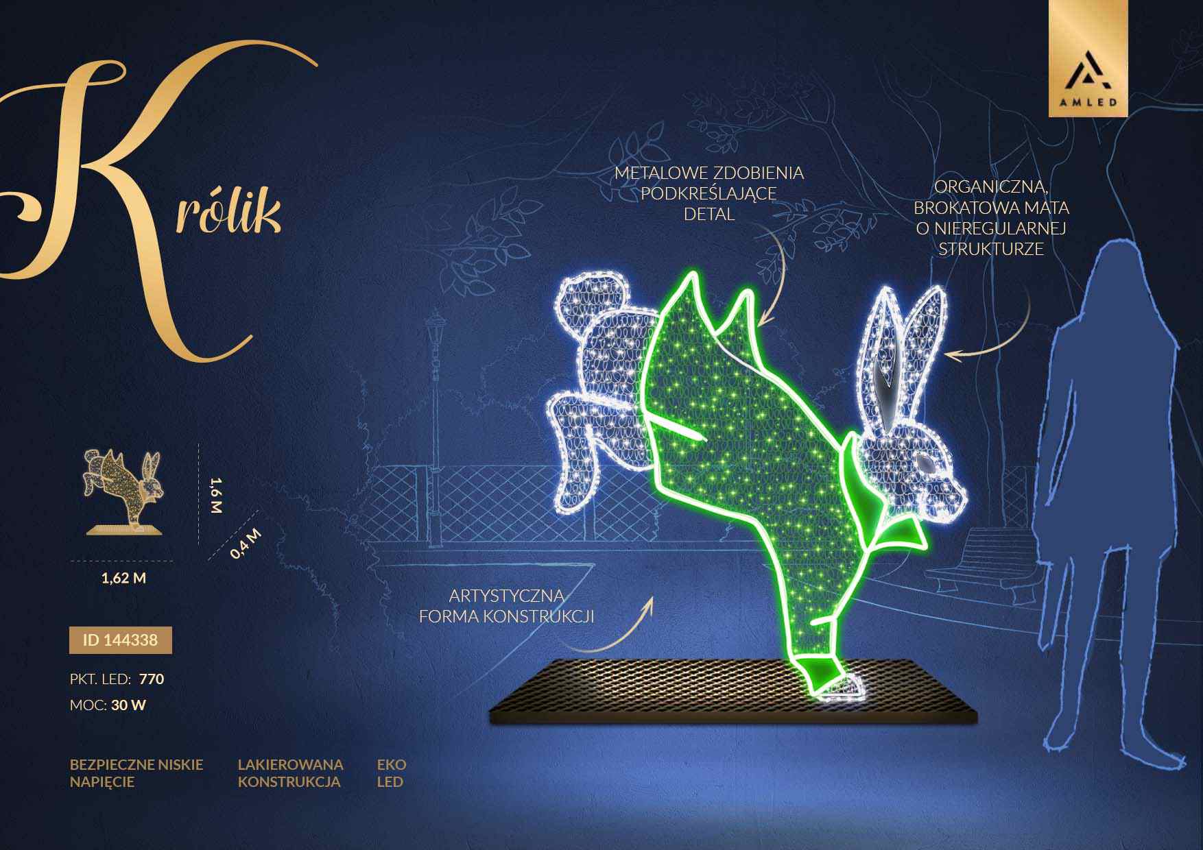 Dekoracja wielkanocna LED królik 2D w skoku – iluminacja świetlna zająca wielkanocnego wykonana z kilkuset punktów LED, dekoracja do parków, rynków i przestrzeni miejskich, wysokość 1,6 m, szerokość 1,62 m, model ID 144338.