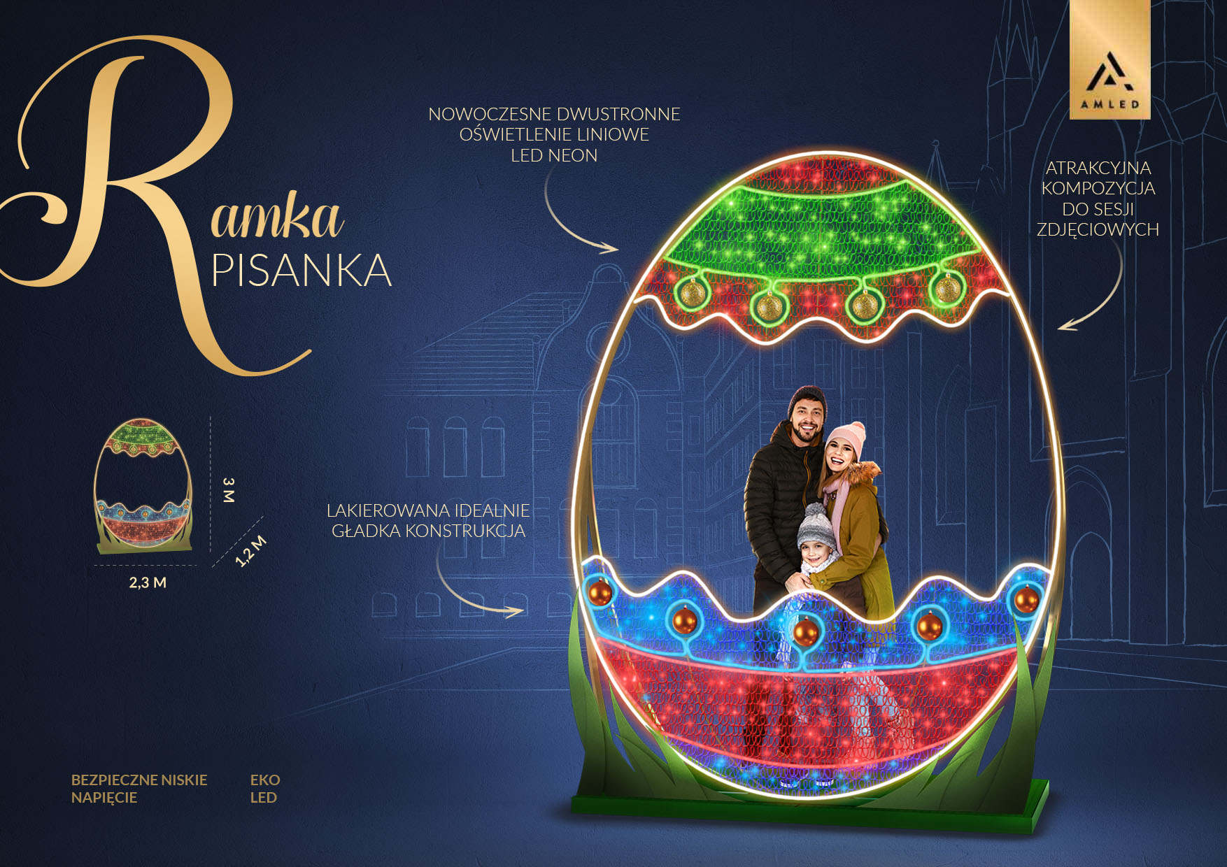 Bramka Pisanka 3D LED o wysokości 3 m i szerokości 2,3 m, dwustronne oświetlenie LED neon, dekoracja wielkanocna do sesji zdjęciowych, wizualizacja z parametrami technicznymi.