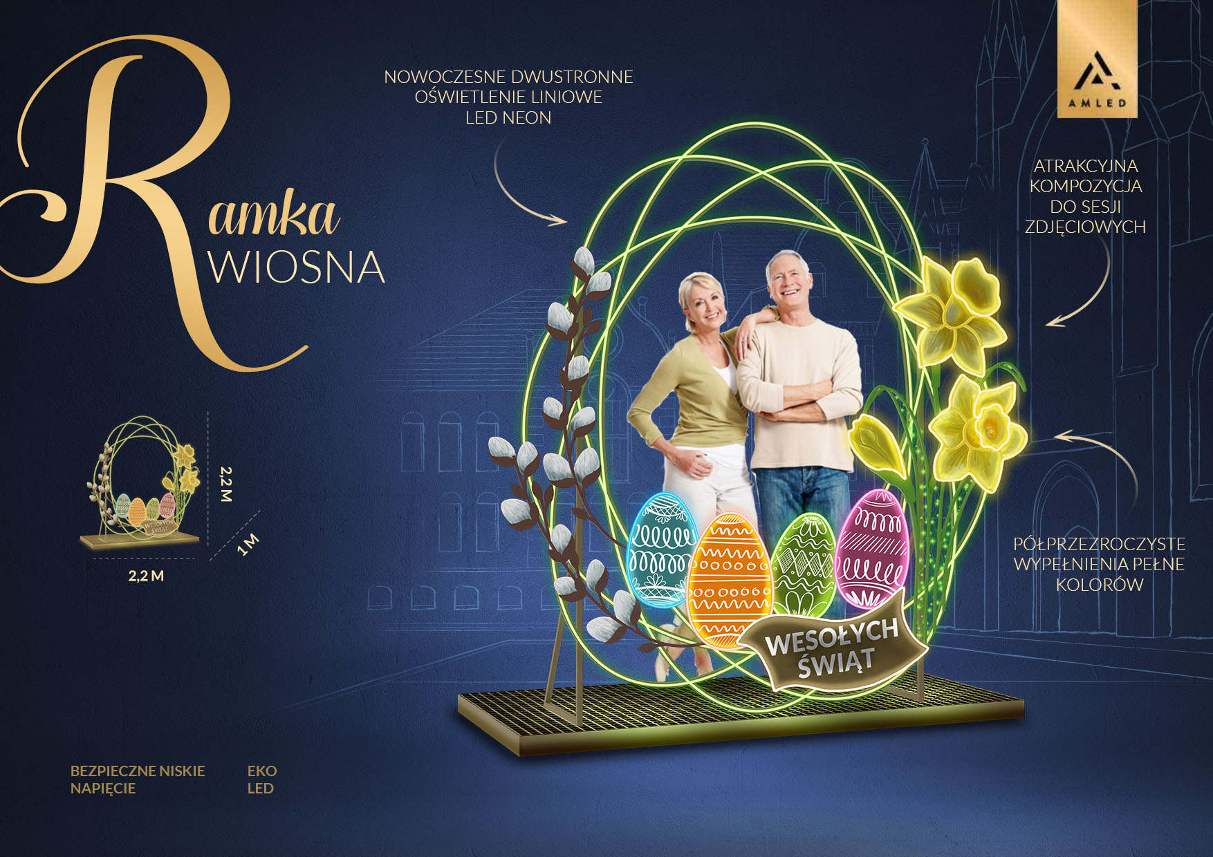 Bramka Wiosna 3D LED o wysokości 2,2 m i szerokości 2,2 m, iluminacja z dwustronnym oświetleniem liniowym LED Neon, dekoracja wielkanocna do przestrzeni miejskich i sesji zdjęciowych.