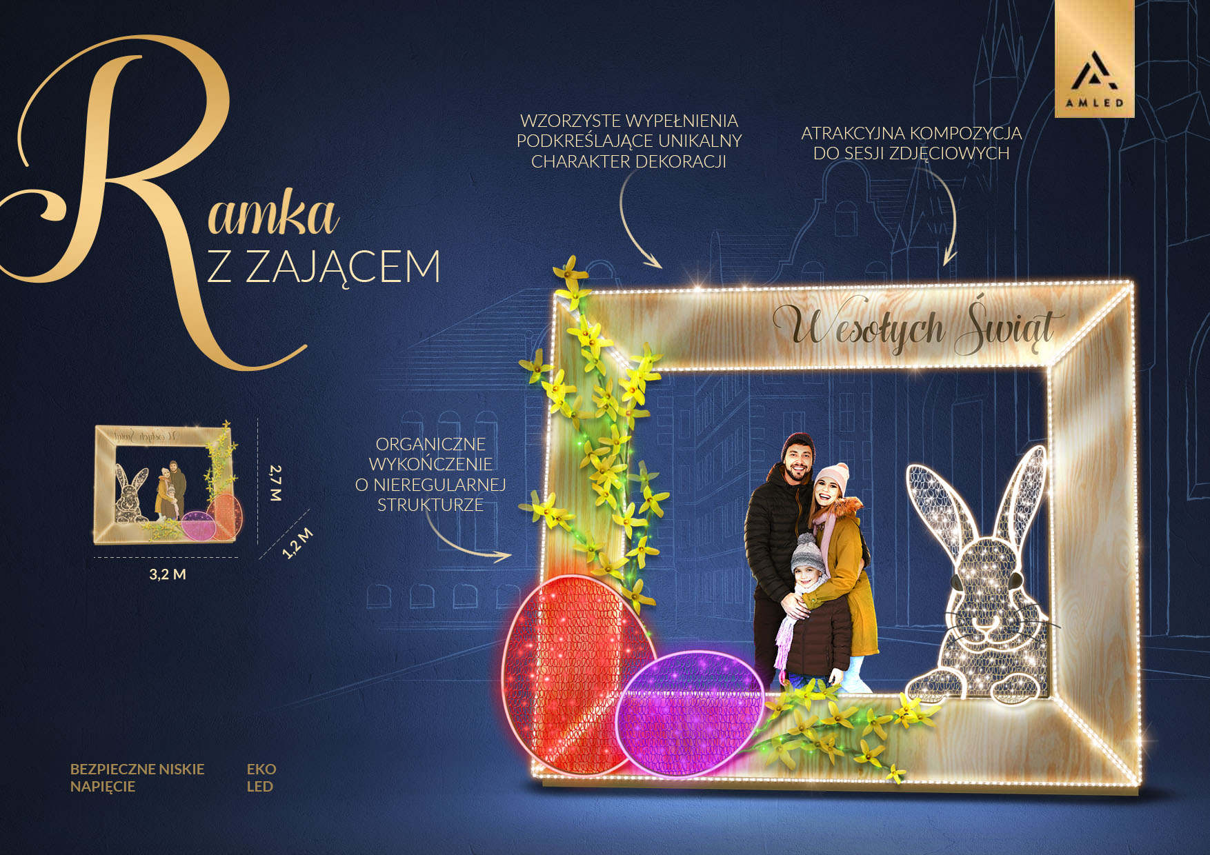 Infografika Ramka z zającem 3D LED o wymiarach 2,7 m x 3,2 m x 1,2 m, konstrukcja z organicznym wykończeniem, podświetlany zając i pisanki, niskie napięcie, EKO LED, dekoracja wielkanocna do sesji zdjęciowych.