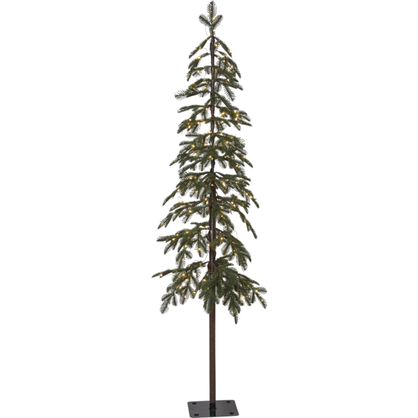 Wąskie drzewko świąteczne z asymetrycznymi gałązkami i ciepłymi diodami LED, umieszczone na czarnym metalowym stojaku na białym tle.