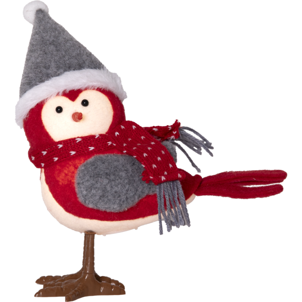 Dekoracyjny ptaszek w czerwono-szarych kolorach, z szalikiem i czapką, na jednolitym tle. Widoczna faktura materiału, smukłe nogi i dopracowane detale sylwetki figurki.