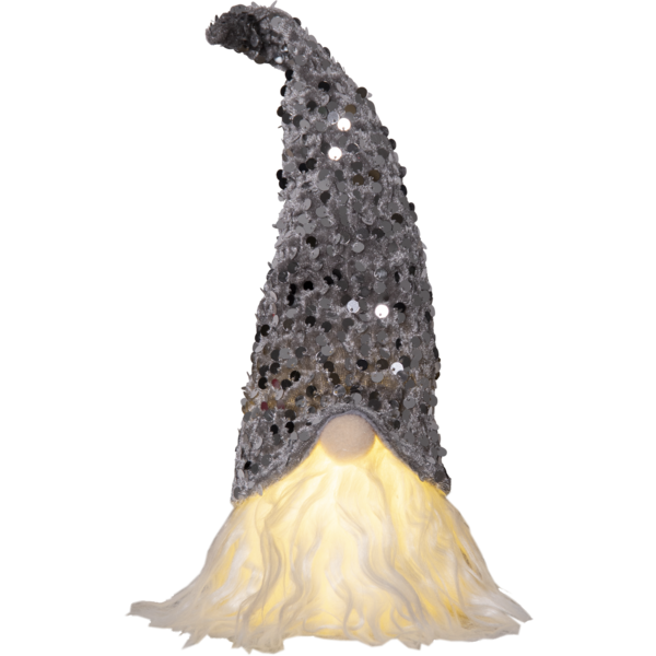 Dekoracyjny skrzat w srebrnej czapce z cekinami i z jasną brodą, pokazany na jednolitym tle. Widoczna faktura materiału, delikatne podświetlenie i prosta, zwarta forma figurki.