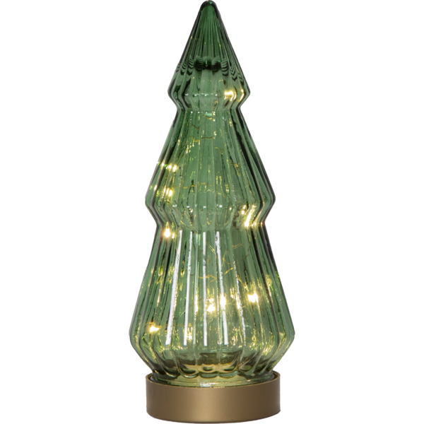 Choinka LED z zielonego, przezroczystego szkła na jednolitym tle; ryflowana forma i ciepłe punkty światła widoczne wewnątrz. Subtelne, eleganckie ujęcie dekoracji.