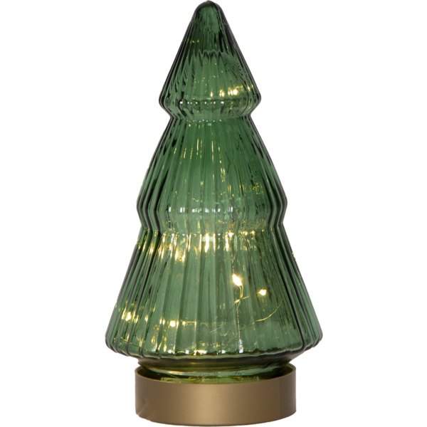 Choinka LED z zielonego, przezroczystego szkła na jednolitym tle; ryflowana forma i delikatne, ciepłe punkty światła widoczne wewnątrz. Eleganckie, harmonijne ujęcie dekoracji.