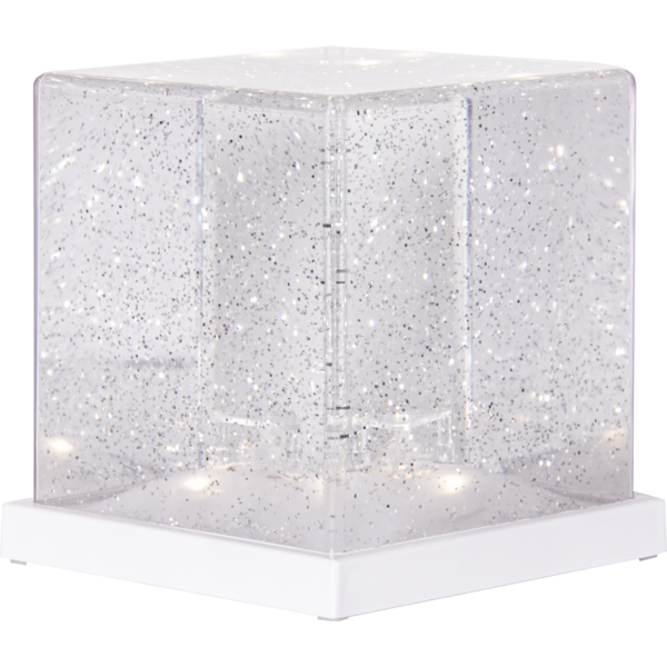 Dekoracyjna kostka LED z przezroczystego materiału z drobnymi połyskującymi elementami, pokazana na jednolitym tle.