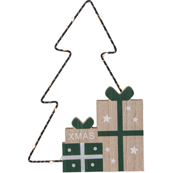 Dekoracja świąteczna LED z choinką z metalowej konstrukcji oraz drewnianymi prezentami w naturalnych kolorach, oświetlona ciepłymi punktami LED, pokazana na jasnym tle.