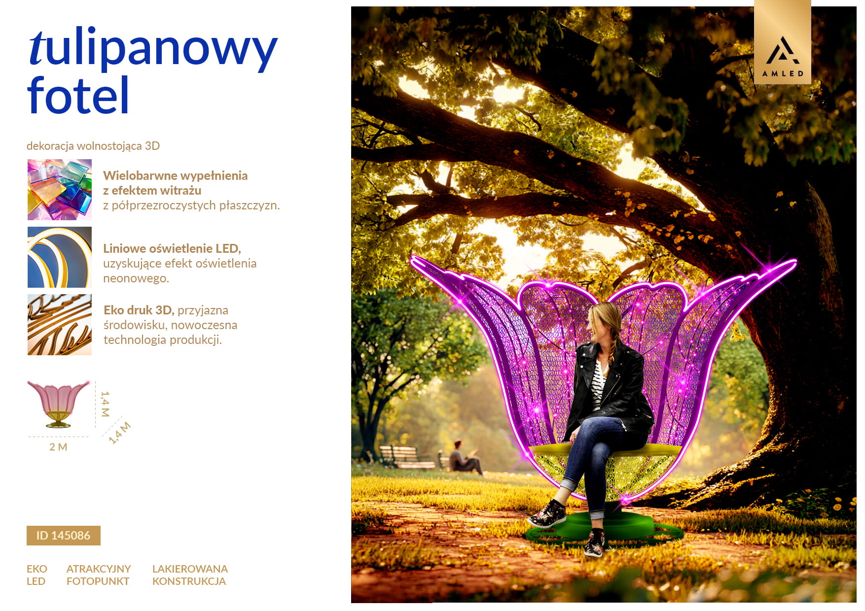 Karta produktowa dekoracji 3D „tulipanowy fotel” z opisem funkcji, materiałów i parametrów, ID 145086.