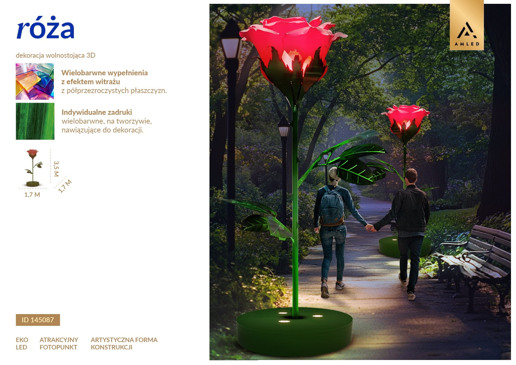 Róża LED fotopunkt w formie dużego czerwonego kwiatu z podświetlanymi płatkami, dekoracja parkowa do zdjęć ustawiona przy alejce, przyciągająca uwagę intensywnym kolorem i elegancką, smukłą formą roślinną. ID 145087.