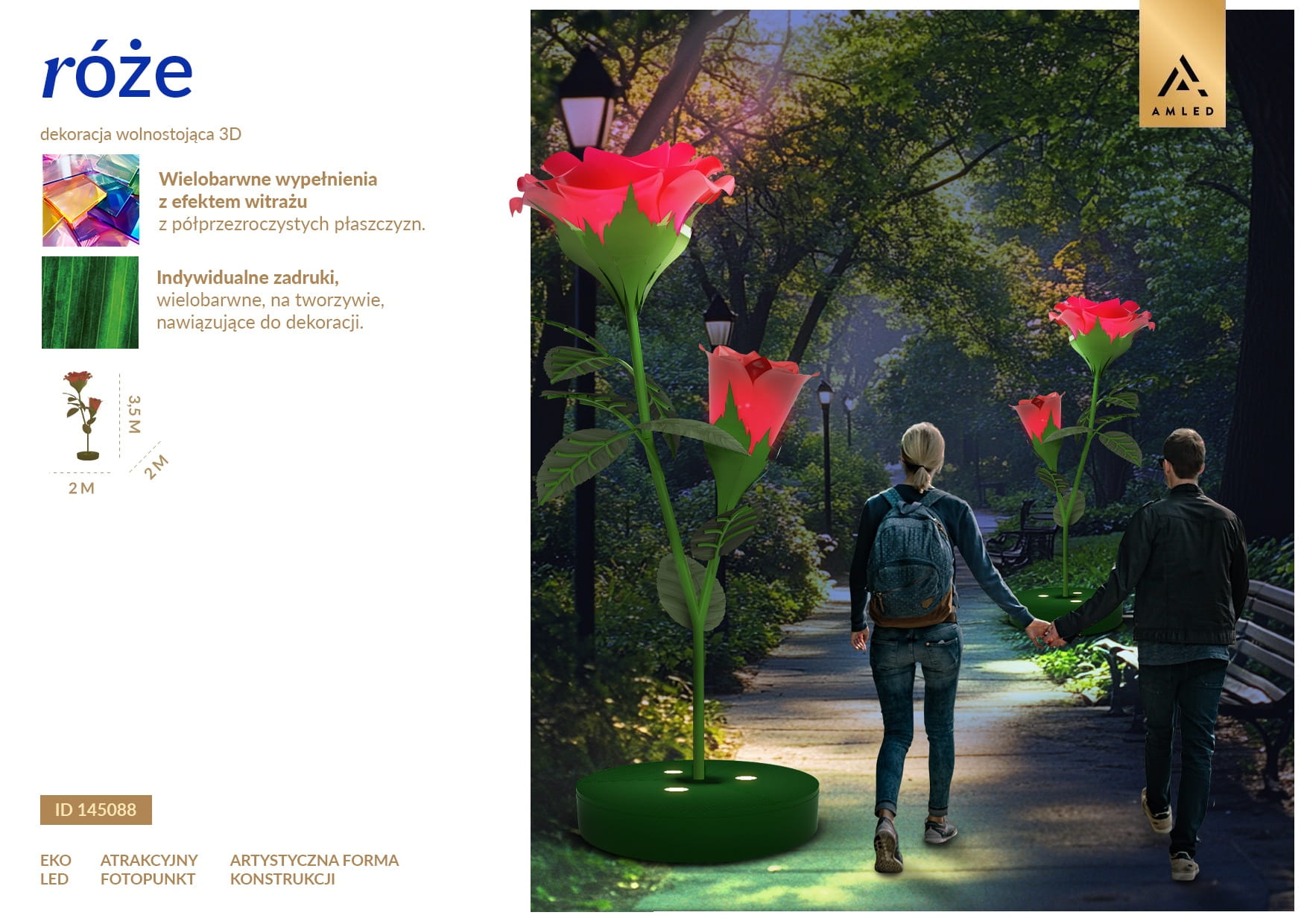 Róże LED dekoracyjny fotopunkt w formie podświetlonych kwiatów na wysokich łodygach, instalacja parkowa do zdjęć ustawiona w przestrzeni miejskiej, przyciągająca uwagę intensywnym kolorem i elegancką formą kompozycji. ID 145088.