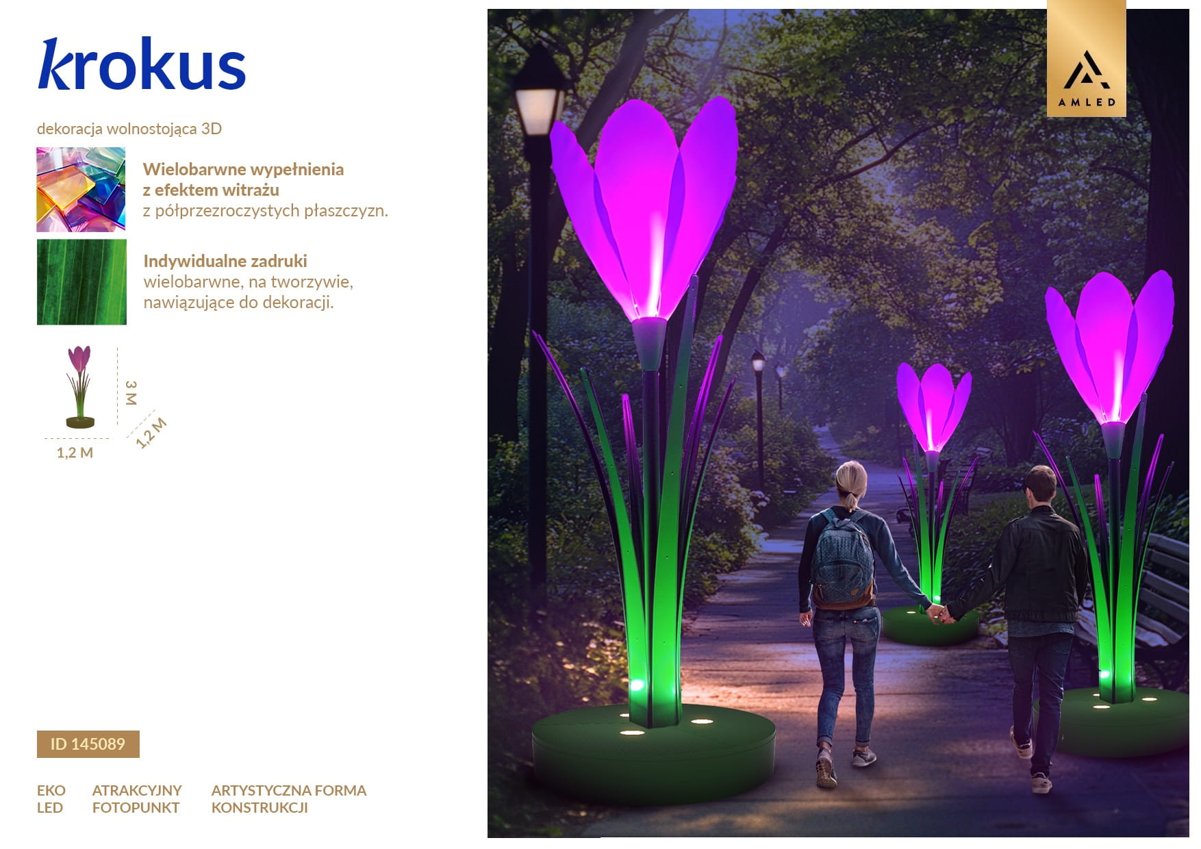 Krokus LED fotopunkt w formie dużego kwiatu z podświetlanymi różowo fioletowymi płatkami, dekoracja parkowa do zdjęć ustawiona w zielonej przestrzeni miejskiej, przyciągająca uwagę intensywnym światłem i smukłą formą rośliny. ID 145089.