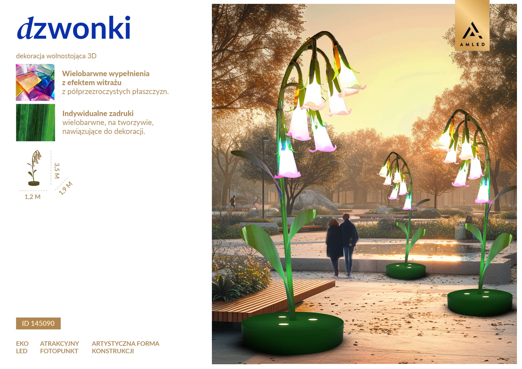 Dzwonki świetlne LED w formie kwiatów, dekoracja parkowa o wysokości kilku metrów, ustawiona w przestrzeni miejskiej przy alejce i ławce, emitująca delikatne pastelowe światło, tworząca klimatyczny efekt iluminacji. ID 145090.