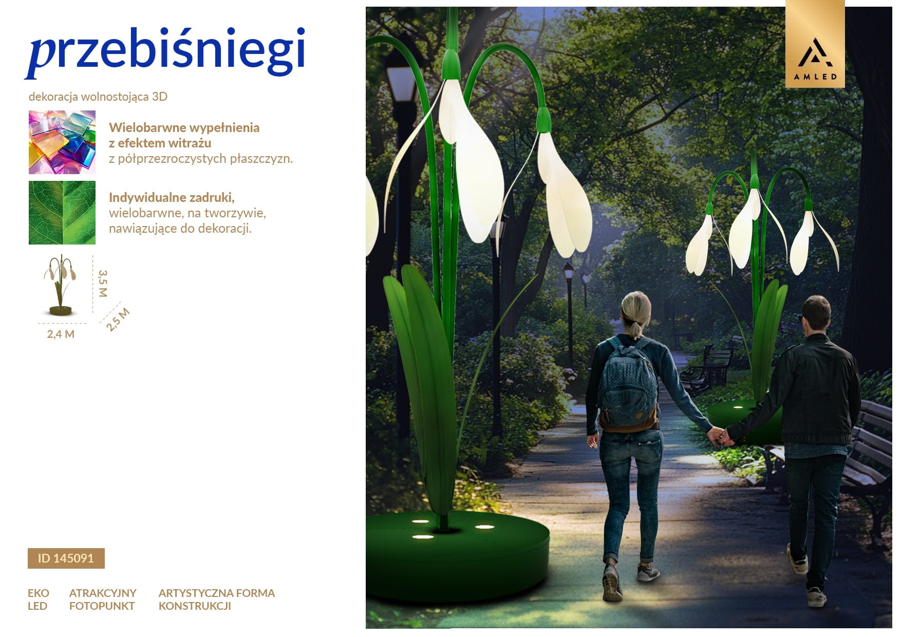 Przebiśniegi LED fotopunkt w formie dużych białych kwiatów z podświetlanymi płatkami, dekoracja parkowa do zdjęć ustawiona przy alejce, przyciągająca uwagę subtelnym światłem i naturalną formą roślinną. ID 145091.