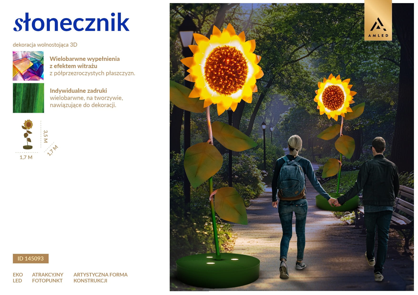 Słonecznik LED dekoracyjny fotopunkt z podświetlaną formą kwiatową, instalacja parkowa do zdjęć ustawiona w przestrzeni miejskiej, przyciągająca uwagę ciepłym światłem i efektowną, letnią kompozycją. ID 145093.