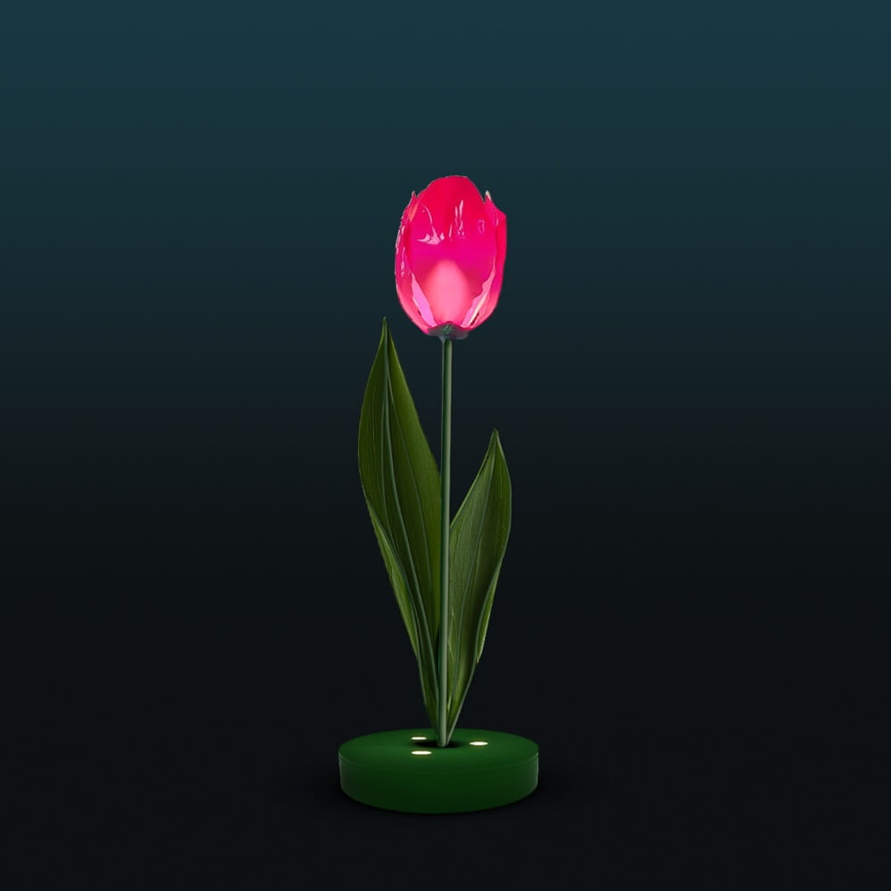 Dekoracja świetlna LED w formie tulipana na ciemnym tle, nowoczesny fotopunkt z liniowym oświetleniem i subtelnymi punktami świetlnymi, przeznaczony do parków, przestrzeni miejskich i instalacji plenerowych.