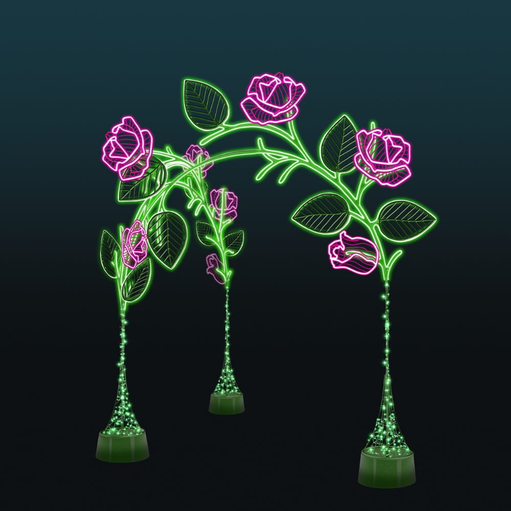 Dekoracja świetlna LED w formie pergoli z różami na ciemnym tle, nowoczesny element 3D z liniowym oświetleniem i neonowym efektem kwiatów, przeznaczony do parków, alejek i przestrzeni miejskich oraz instalacji plenerowych.