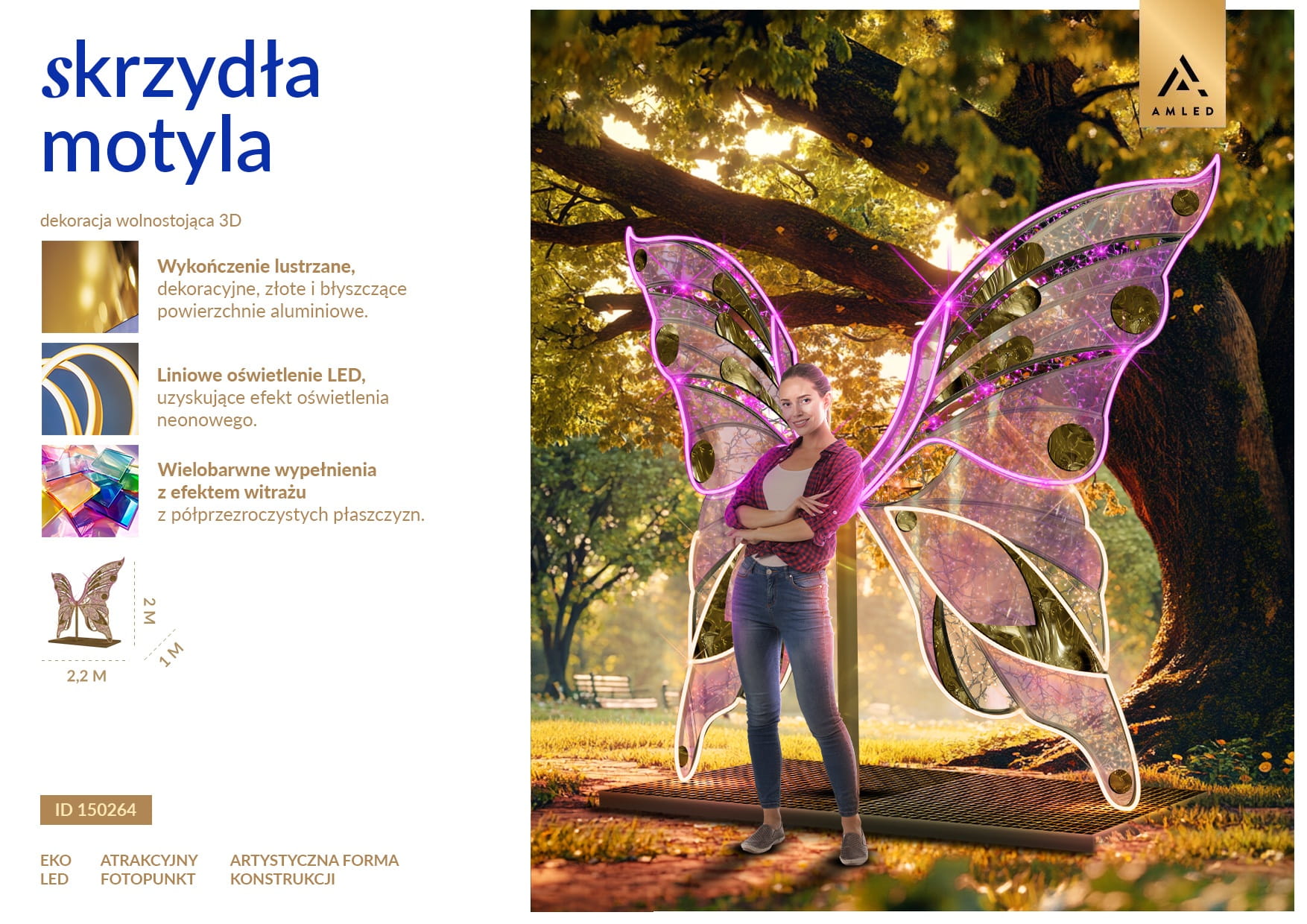 Skrzydła motyla LED dekoracyjny fotopunkt z podświetlaną konstrukcją do zdjęć, instalacja parkowa ustawiona w przestrzeni miejskiej, przyciągająca uwagę kolorowym światłem i efektowną, bajkową formą kompozycji. ID 150264.