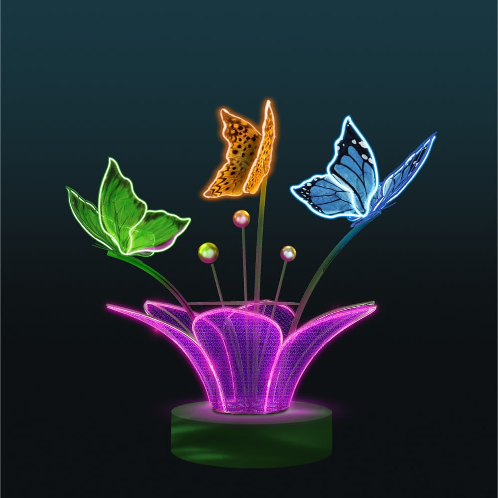Dekoracja świetlna LED w kształcie kwiatu z motylami na ciemnym tle, nowoczesny fotopunkt z liniowym oświetleniem i wielobarwnymi elementami, przeznaczony do przestrzeni miejskich, eventów i instalacji plenerowych.