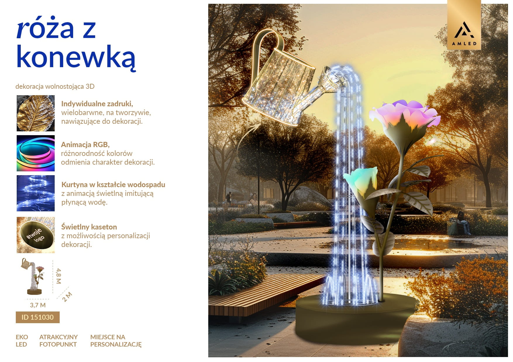Róża LED z konewką fotopunkt w formie dekoracyjnej instalacji z podświetlaną konewką i efektem świetlnego wodospadu, ustawiona w przestrzeni parkowej, przyciągająca uwagę kolorowym kwiatem i dynamiczną animacją światła. ID 151030.