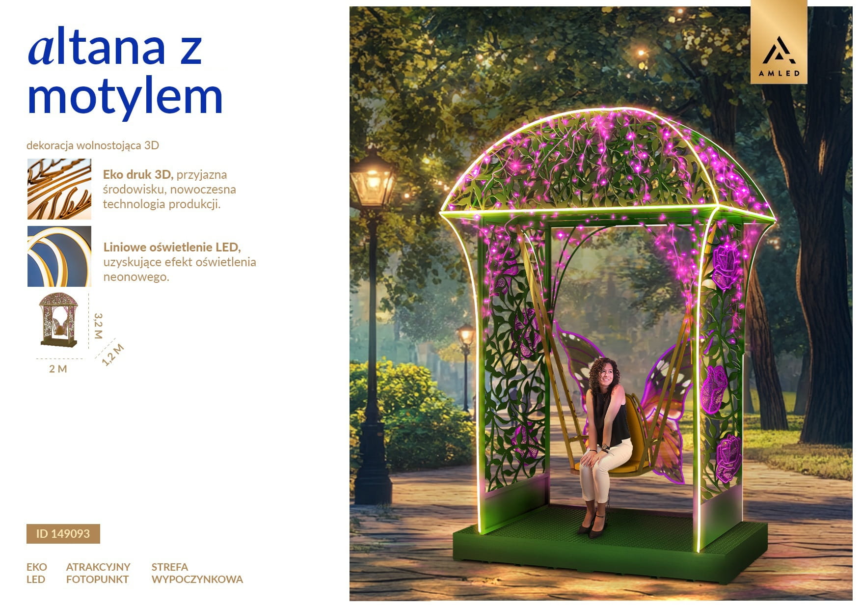 Karta produktowa „Altana z motylem” – dekoracja wolnostojąca 3D z oświetleniem LED, opis materiałów (eko druk 3D), funkcji oraz wymiarów, ID 149093.