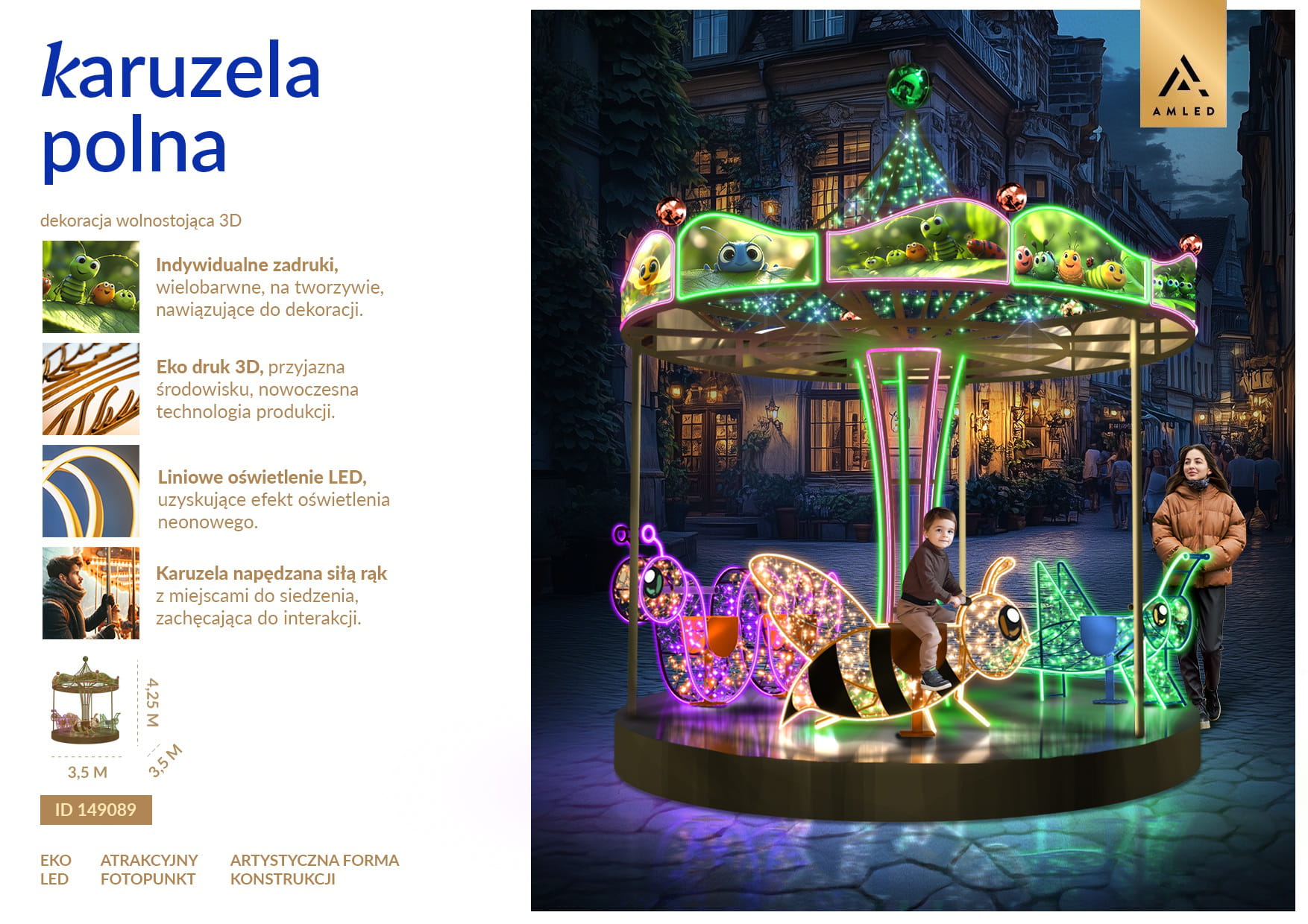 Karta produktowa karuzeli świetlnej 3D z motywem owadów, z opisem funkcji i parametrów dekoracji miejskiej LED, ID 149089.