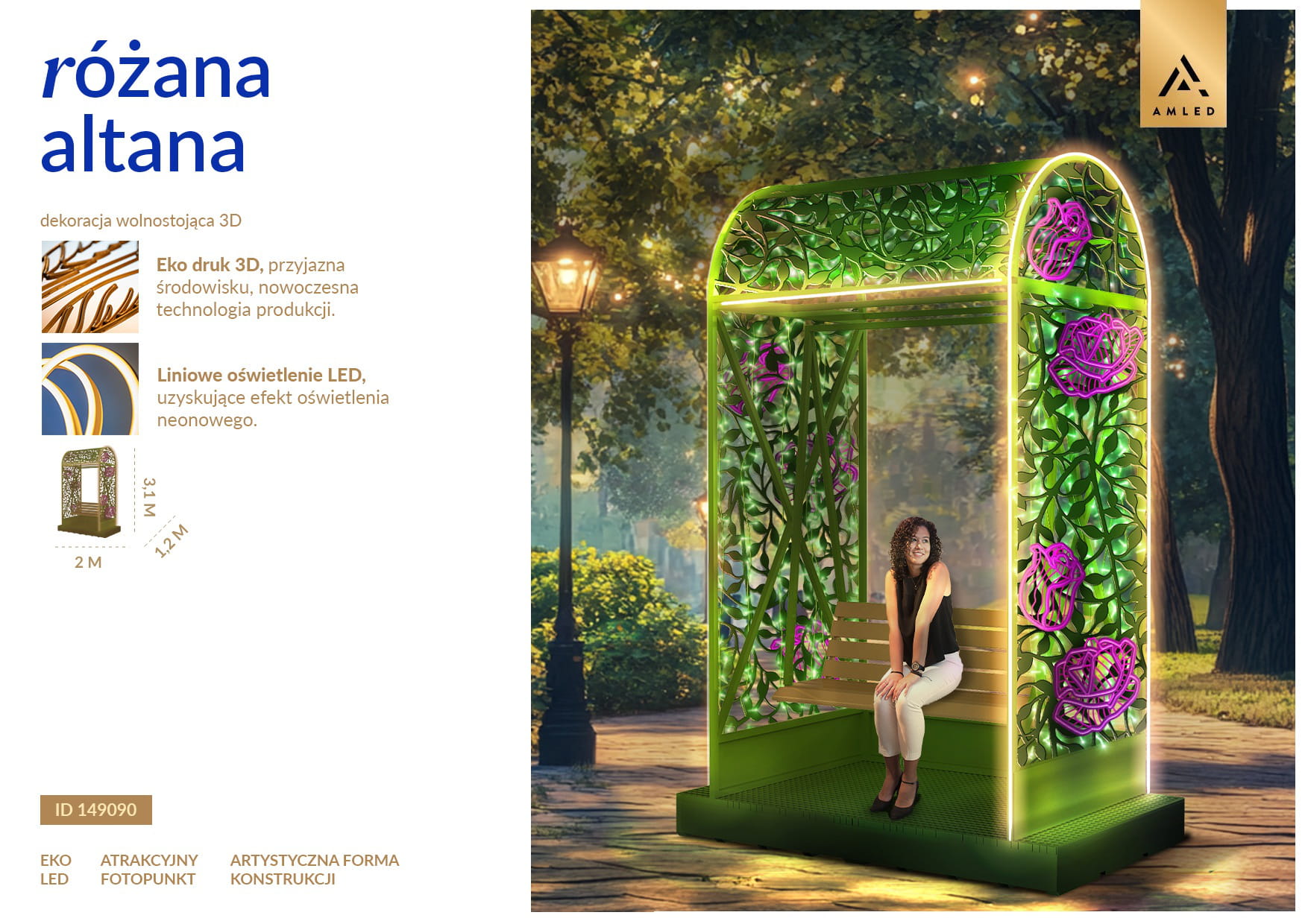 Altana różana LED dekoracyjny fotopunkt z podświetlaną konstrukcją i motywem kwiatowym, instalacja parkowa do zdjęć ustawiona w przestrzeni miejskiej, przyciągająca uwagę eleganckim światłem i romantyczną formą kompozycji. ID 149090.
