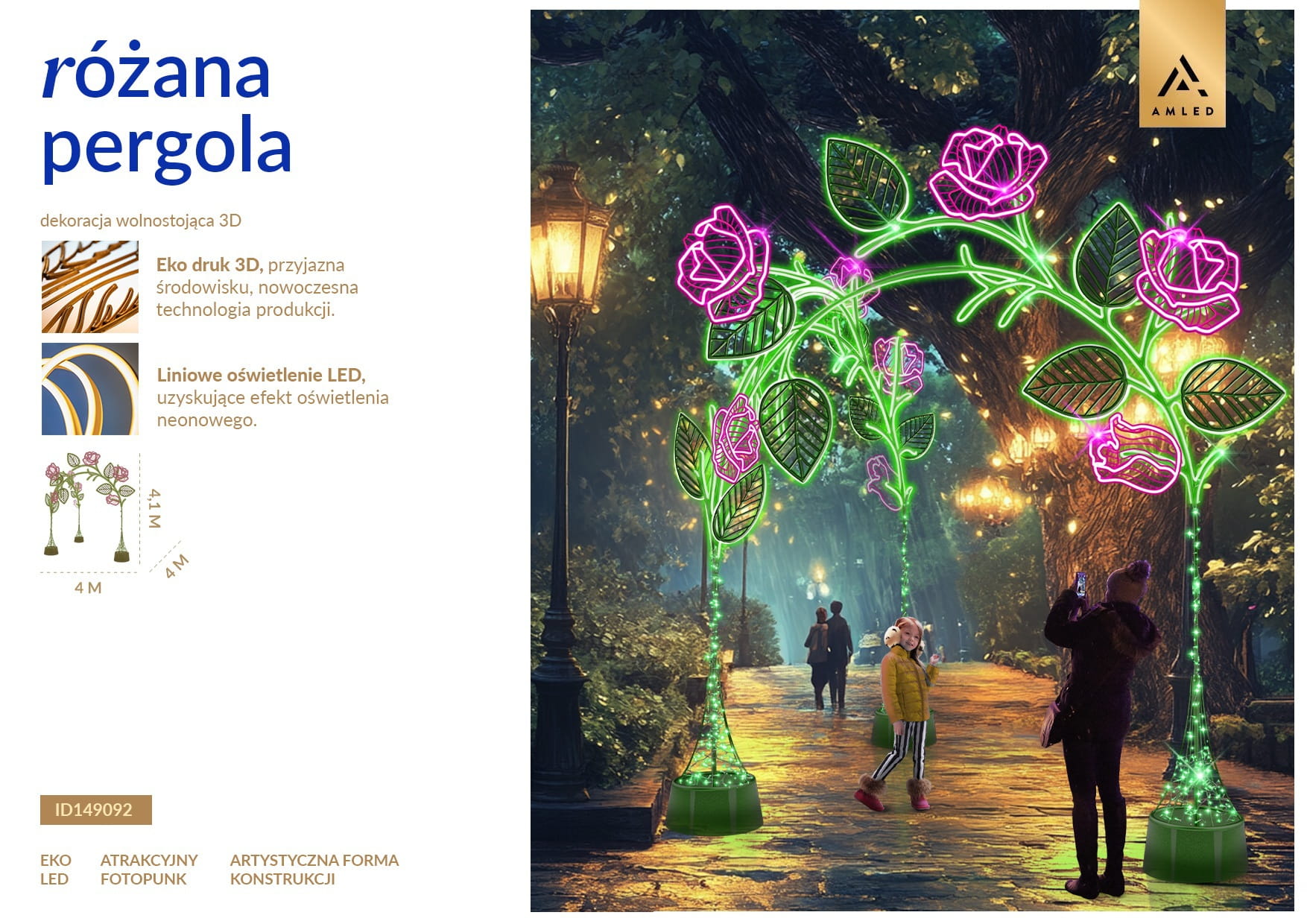 Pergola różana LED dekoracyjny fotopunkt z podświetlaną konstrukcją i motywem różowych kwiatów, instalacja parkowa do zdjęć ustawiona w przestrzeni miejskiej, przyciągająca uwagę intensywnym światłem i elegancką formą kompozycji. ID 149092.